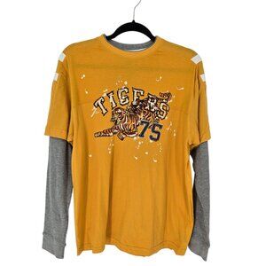 Arizona jeans co junior XL 18 20 waffle long sleeve mock layered yellow tiger
